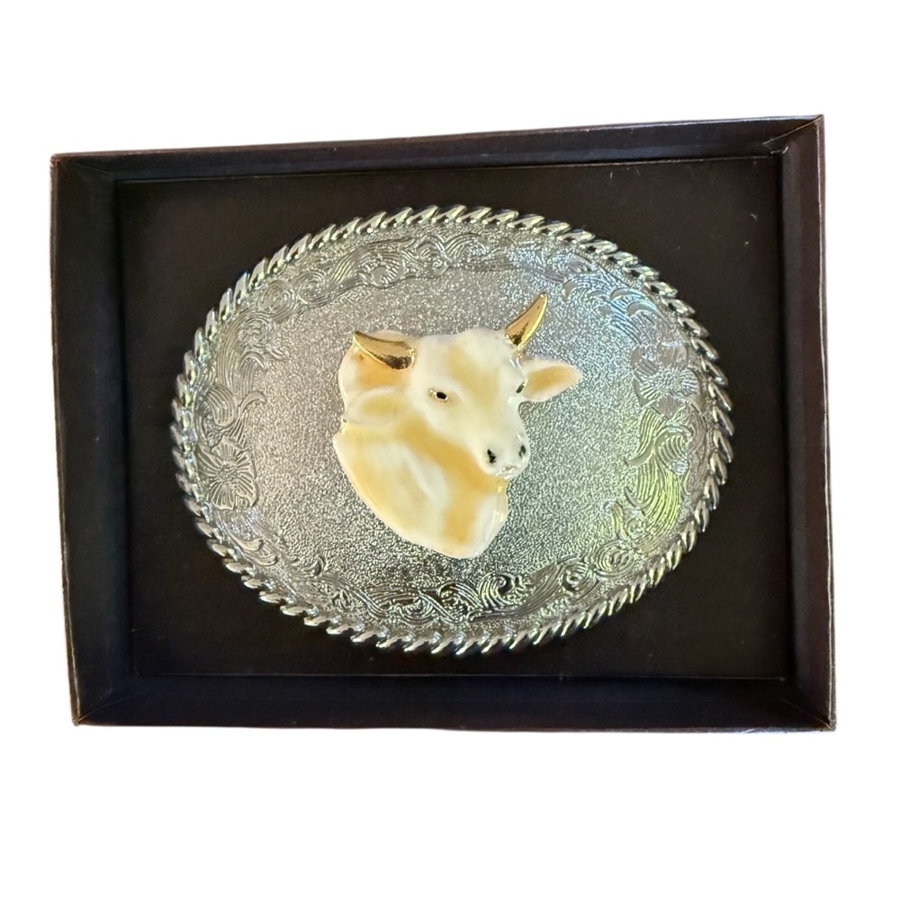 Vintage 1978 Brahma Bull Western Silver Tone Belt Buckle Raintree USA